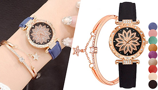 Rhinestone Watch & Bangle Bracelet Set - 9 Colours
