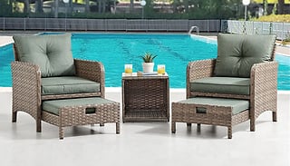 2x Rattan Garden Armchairs with Footstools & Side Table