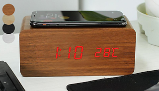 2-in-1 Wooden LED Alarm Clock &amp; Wireless Phone Charger - 4 Colours