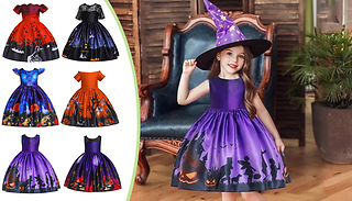 Kids Halloween with Witch Hat Dress Outfit - 5 Colours & 6 Sizes