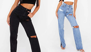 High-Waisted Straight Leg Ripped Jeans - 5 Sizes & 2 Colours