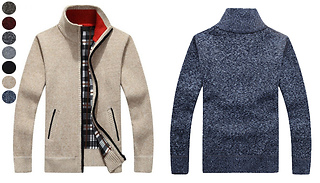 Men's Knitted Fleece-Lined Classic Collar Cardigan - 5 Sizes & 7 Colou ...