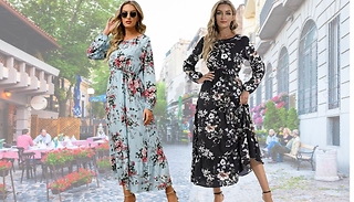 Long-Sleeved Floral-Print Maxi Dress - 2 Colours, 4 Sizes