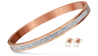 Rose Tone Bangle & Earring Set Encrusted With Crystals From Swarovski