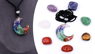 Chakra Moon Necklace with Seven Synthetic Chakra Stones Gift Set
