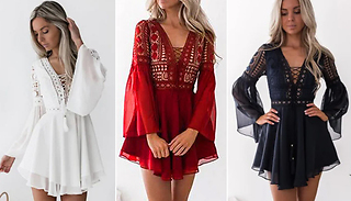 Sheer Lace-Detail Bandage Mini Dress - 3 Colours & 5 Sizes