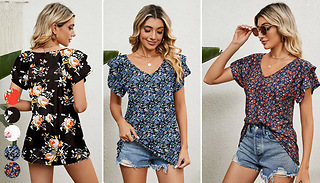 Women's Flower Print V-Neck Short Sleeve Top - 5 Sizes & 5 Colours