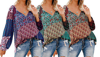 Floral Print V-Neck Boho Blouse Top - 3 Colours & 5 Sizes