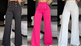 High Waisted Button Detail Trousers - 3 Colours & 4 Sizes