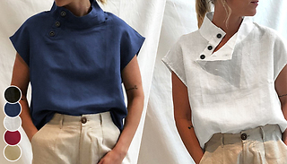 Linen Cotton Summer Blouse With Button Neck - 5 Colours & 6 Sizes