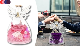 Preserved Flower Rose Inside Glass Angel Figurine - 4 Colours 