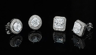 18K White Gold Plated Round & Princess Halo Stud Earing Set