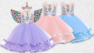 Unicorn Party Dress With Wings & Headband - 3 Colours & 3 Sizes