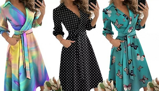 Long Sleeve V-Neck Printed Dress - 5 Colours & 5 Sizes