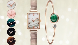 Alloy Mesh Strap Watch & Bracelet Set - 5 Colours 