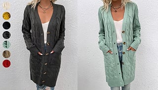 Long Knitted Cardigan with Buttons - 7 Colours & 4 Sizes
