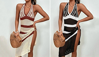 Colour Block Halter Neck Knitted Cover Up - 2 Colours