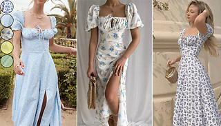 Puff Sleeve Floral Print Slit Sundress - 5 Colours & 5 Sizes