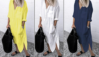 Long Sleeve Button Up Shirt Dress - UK Sizes 16-24 & 3 Colours