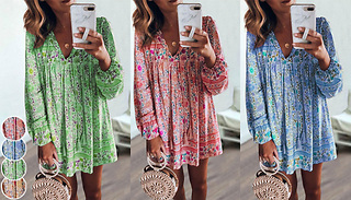 Floral Long-Sleeved V-Neck Summer Dress - 4 Colours & 5 Sizes