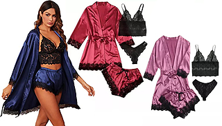 4-Piece Satin & Lace Sexy Pyjama Set - 3 Colours & 4 Sizes