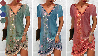 Floral Geometric V-Neck Short Sleeve Dress - 4 Colours & 6 Sizes