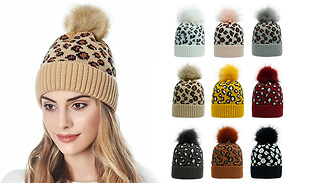 Knitted Leopard Print Pom Pom Hat - 9 Colours