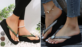 Glittering Platform Heeled Flip Flops - 3 Colours & 7 Sizes