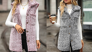 Button-Up Fluffy Teddy Vest Jacket - 3 Colours, 5 Sizes 