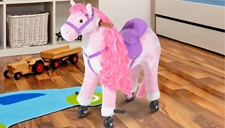HOMCOM Kids Ride-On Pink Horse - With Neighing Sound Effects 