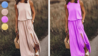 Flowing Sleeveless Block Colour Slit Dress - 4 Colours & 5 Sizes 