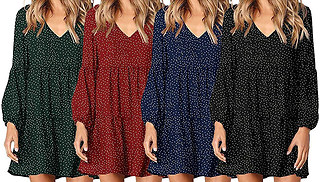 Long-Sleeve Ruffle V-Neck Polka Dot Dress - 4 Colours & 5 Sizes