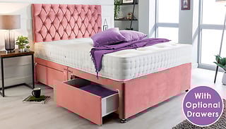 Pink Velvet Divan Bed Set with Open Sprung Mattress - 6 Sizes & 4 Draw ...