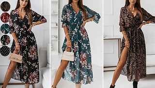 V-Neck Full Length Slit Print Maxi Dress - 5 Designs & 4 Sizes