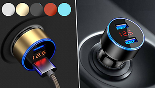 Dual USB Car Charger with LCD Display - 5 Colours