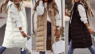Women's Long Line Hooded Puffer Gilet Vest - 5 Sizes & 5 Colours