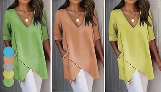 Long Women's Asymmetric V-Neck Top - 5 Colours & 8 Sizes