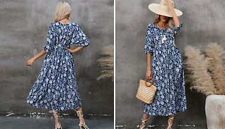 Printed Half-Sleeve Bohemian V-Neck Dress - 4 Sizes