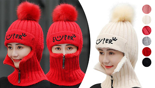 Super 2-In-1 Pom Pom Hat With Face Cover - 6 Colours